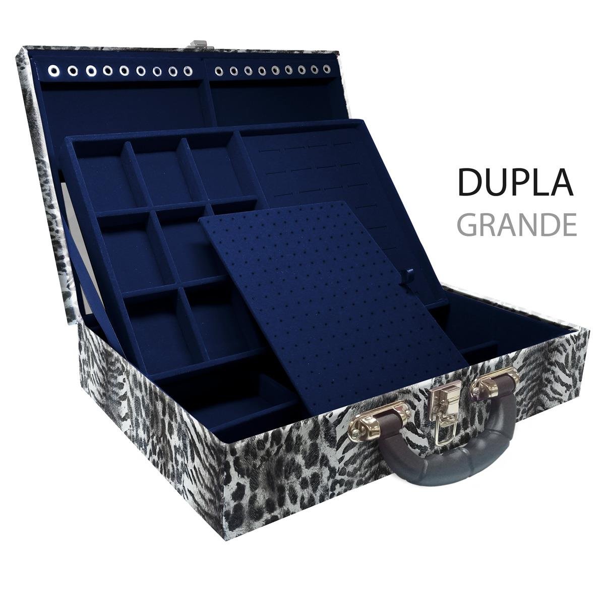 Estojo Maleta Porta Jóias Duplo Grande Multipele Tigre Cinza Com Alça Preta e Espelho