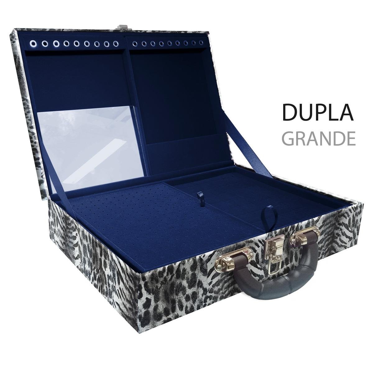 Estojo Maleta Porta Jóias Duplo Grande Multipele Tigre Cinza Com Alça Preta e Espelho