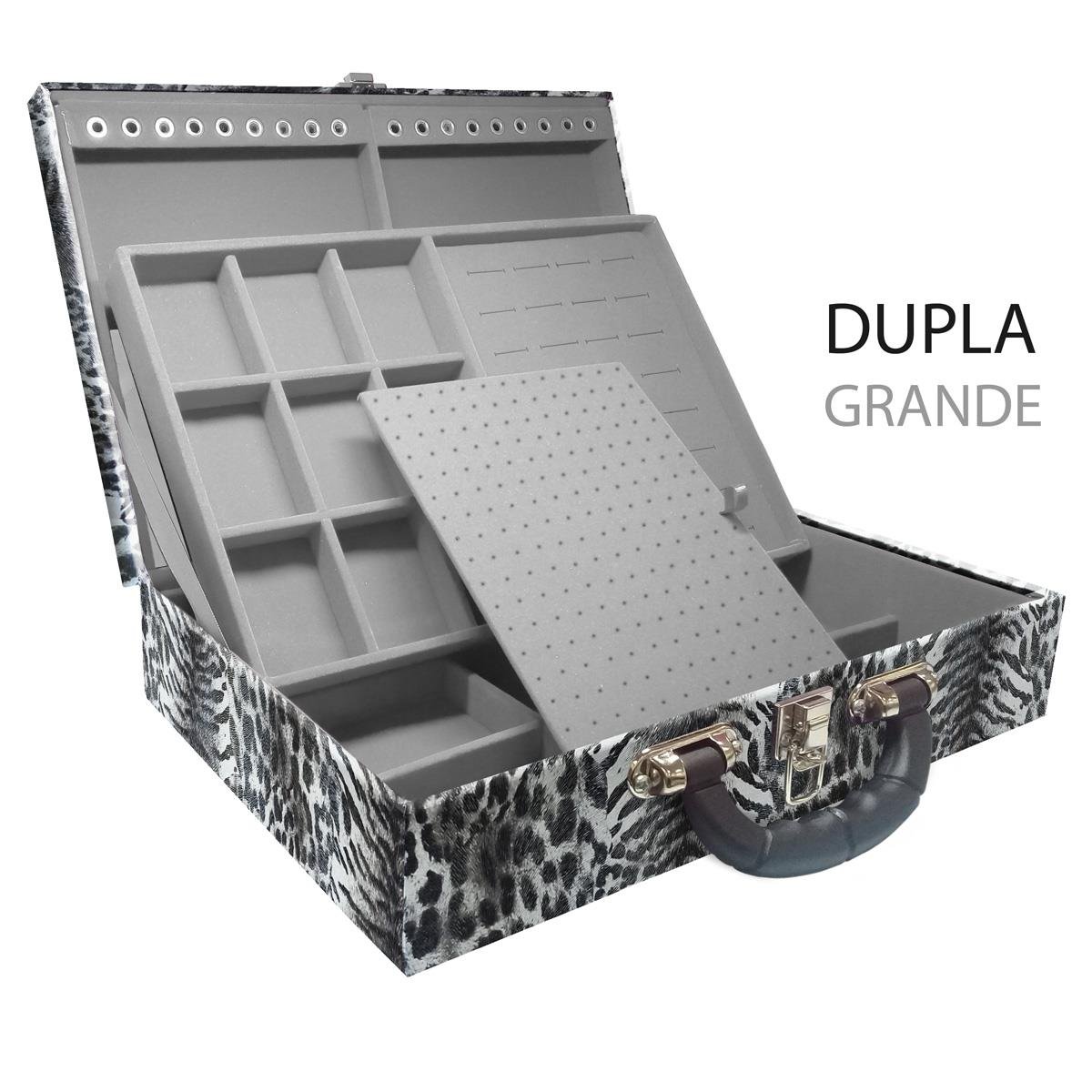 Estojo Maleta Porta Jóias Duplo Grande Multipele Tigre Cinza Com Alça Preta e Espelho