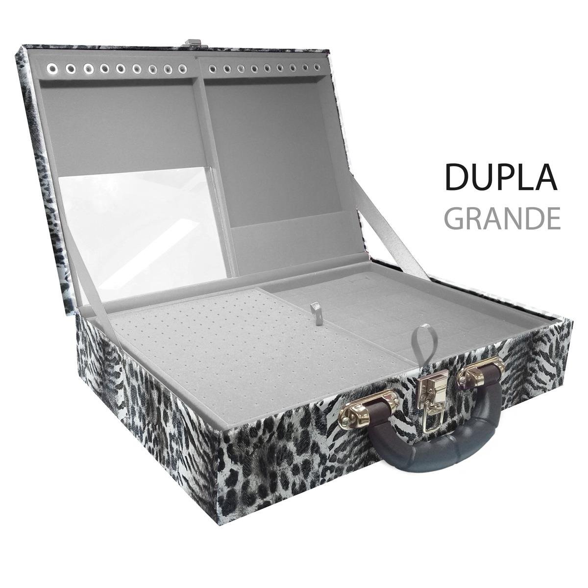 Estojo Maleta Porta Jóias Duplo Grande Multipele Tigre Cinza Com Alça Preta e Espelho