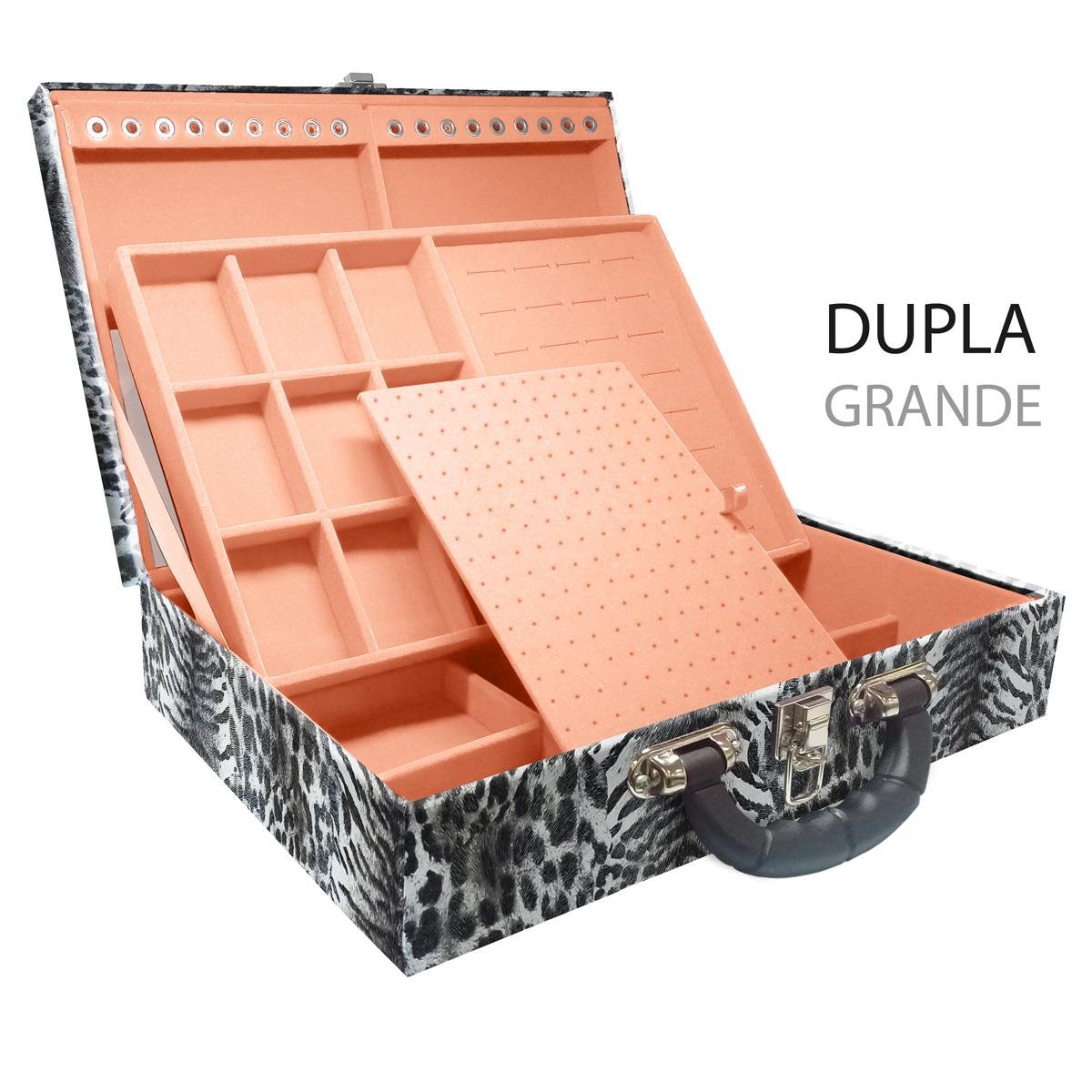 Estojo Maleta Porta Jóias Duplo Grande Multipele Tigre Cinza Com Alça Preta e Espelho