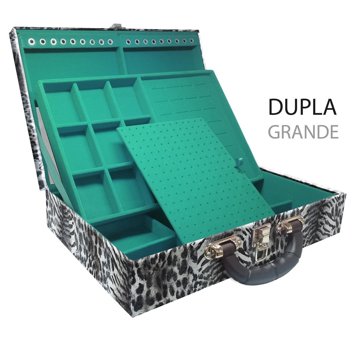 Estojo Maleta Porta Jóias Duplo Grande Multipele Tigre Cinza Com Alça Preta e Espelho