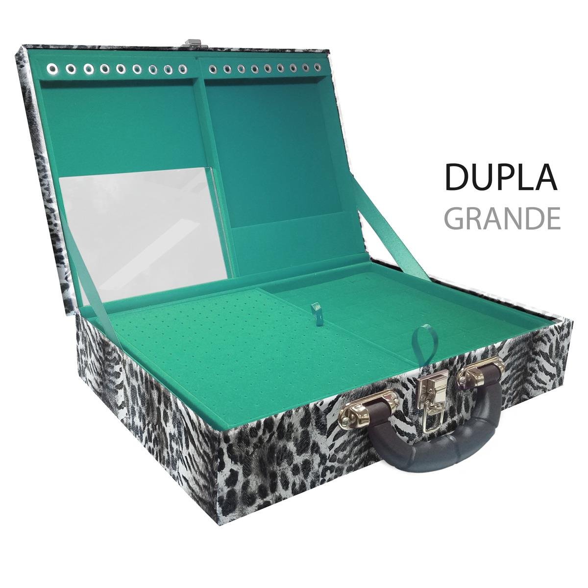 Estojo Maleta Porta Jóias Duplo Grande Multipele Tigre Cinza Com Alça Preta e Espelho