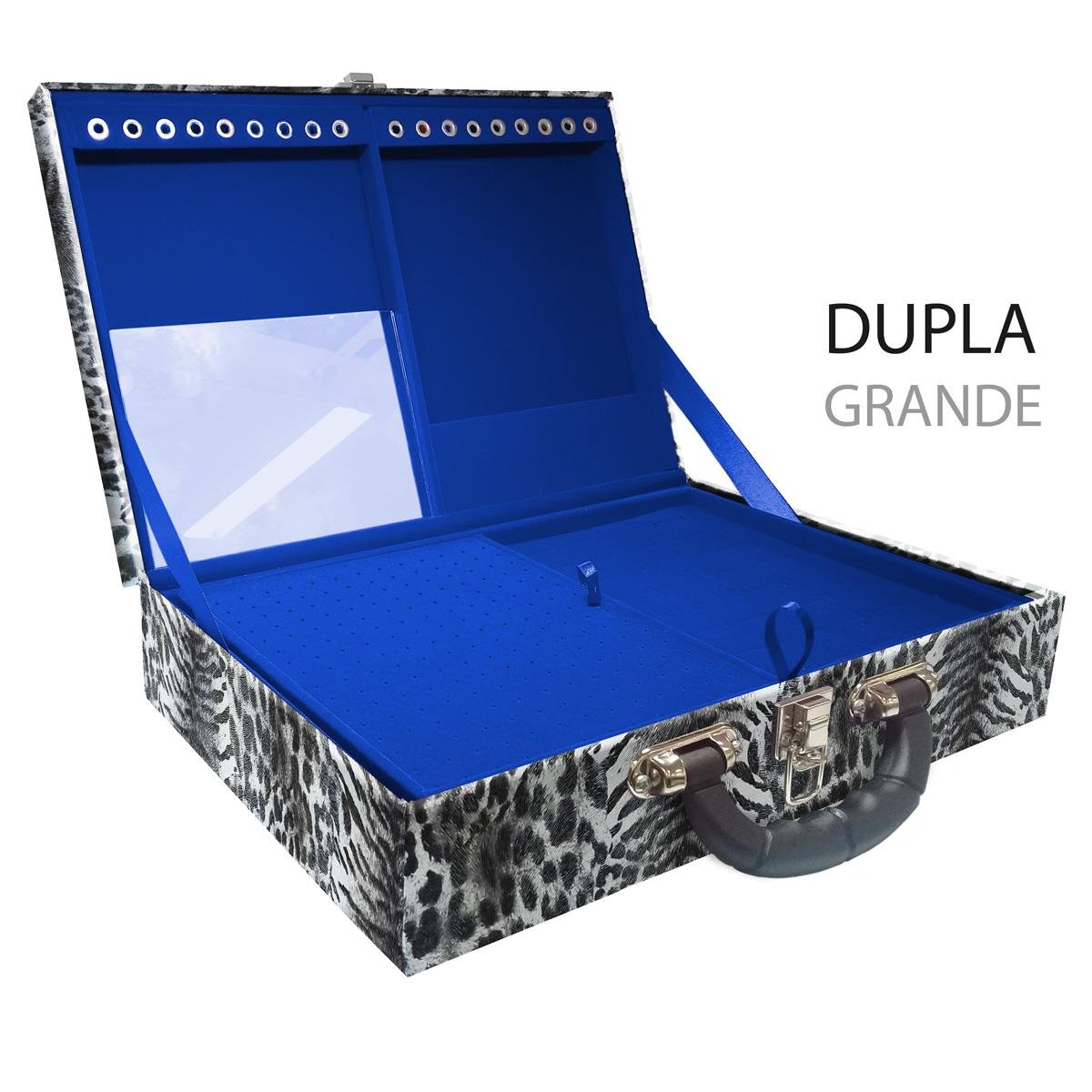 Estojo Maleta Porta Jóias Duplo Grande Multipele Tigre Cinza Com Alça Preta e Espelho