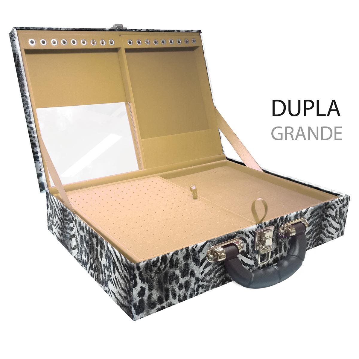 Estojo Maleta Porta Jóias Duplo Grande Multipele Tigre Cinza Com Alça Preta e Espelho