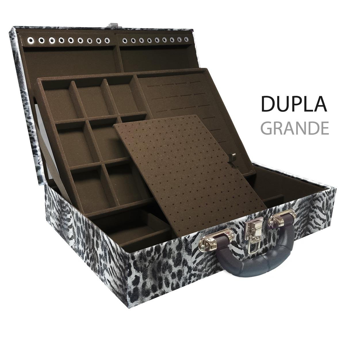 Estojo Maleta Porta Jóias Duplo Grande Multipele Tigre Cinza Com Alça Preta e Espelho