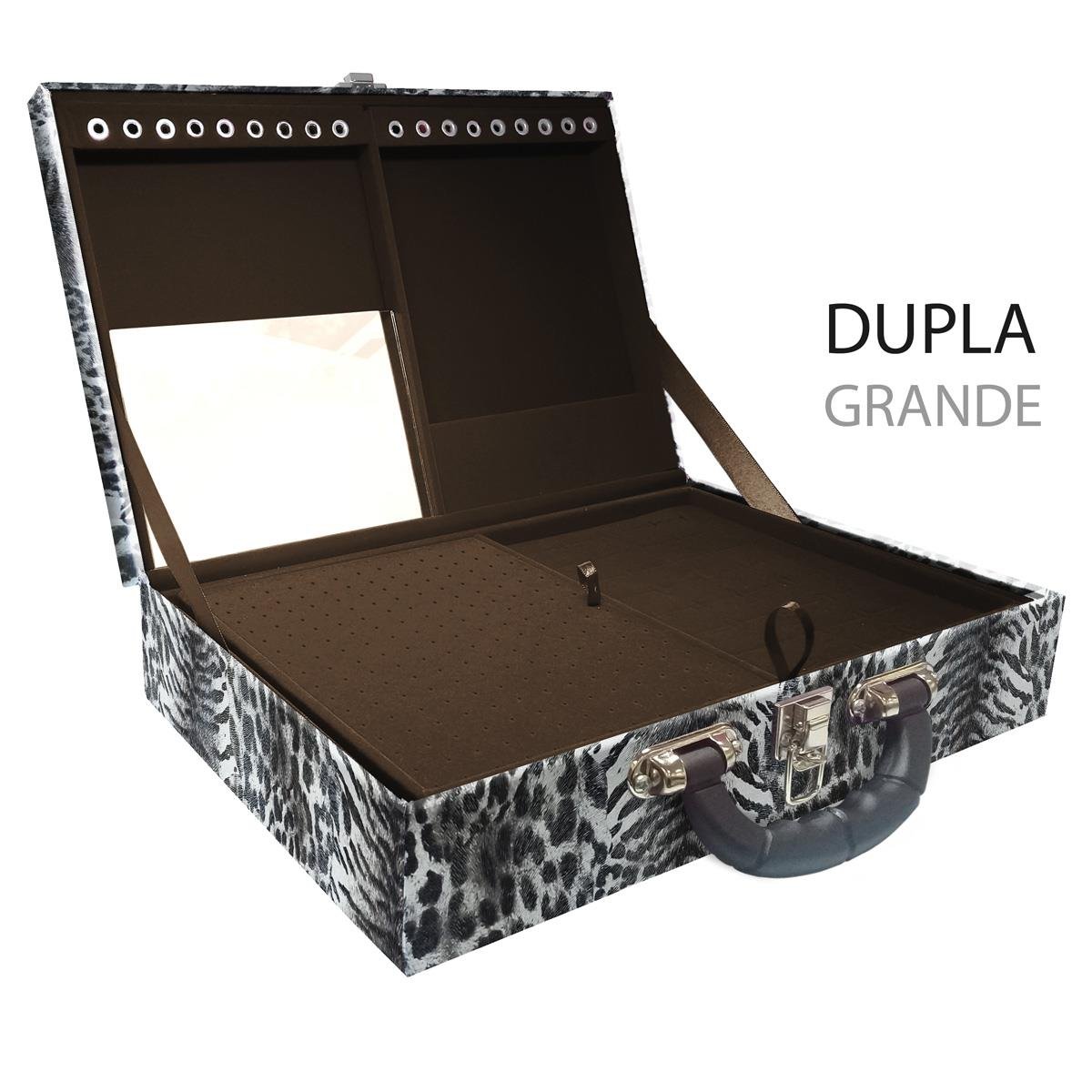 Estojo Maleta Porta Jóias Duplo Grande Multipele Tigre Cinza Com Alça Preta e Espelho