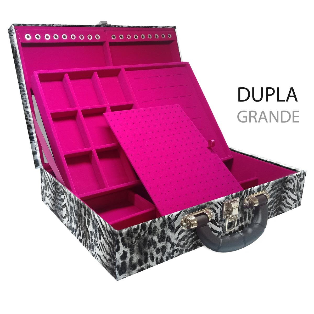 Estojo Maleta Porta Jóias Duplo Grande Multipele Tigre Cinza Com Alça Preta e Espelho