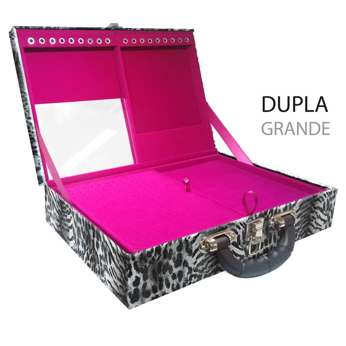 Estojo Maleta Porta Jóias Duplo Grande Multipele Tigre Cinza Com Alça Preta e Espelho