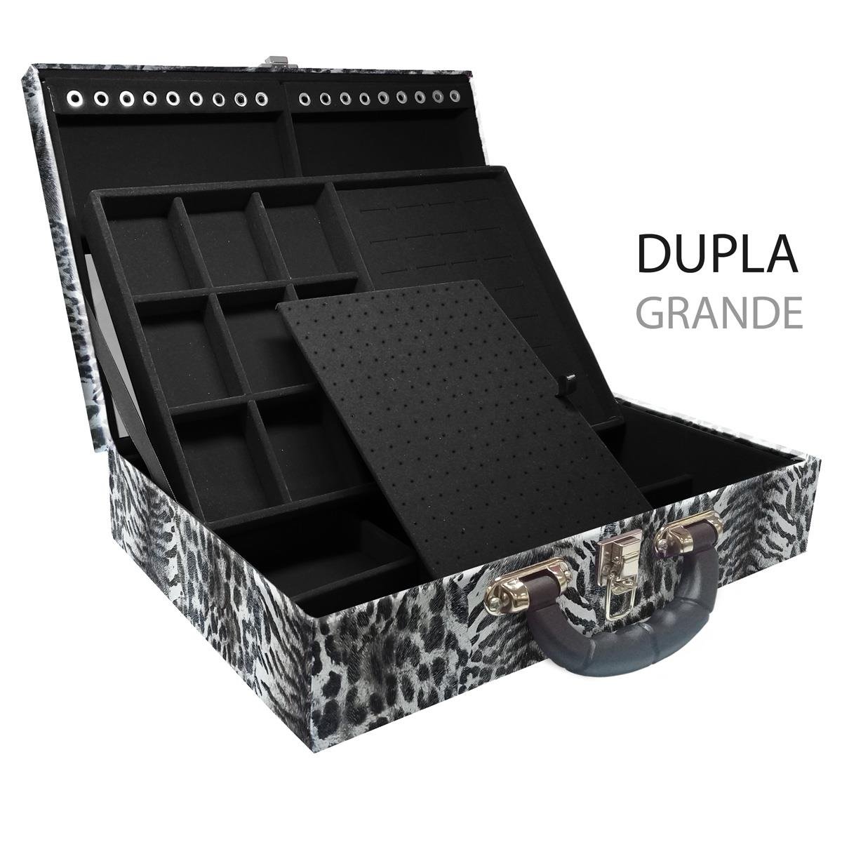 Estojo Maleta Porta Jóias Duplo Grande Multipele Tigre Cinza Com Alça Preta e Espelho