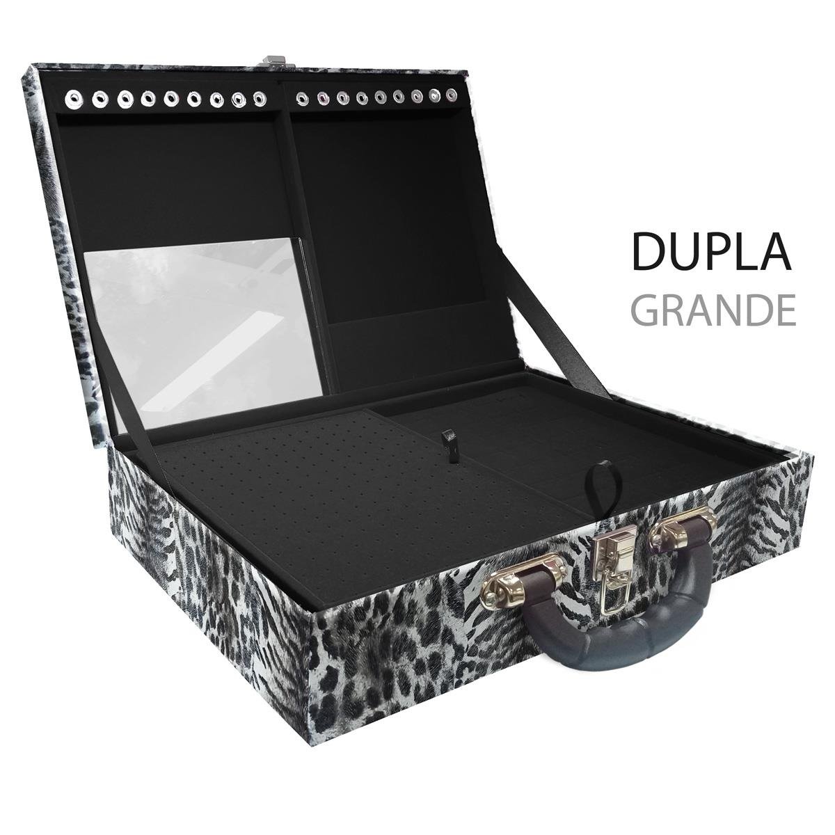 Estojo Maleta Porta Jóias Duplo Grande Multipele Tigre Cinza Com Alça Preta e Espelho
