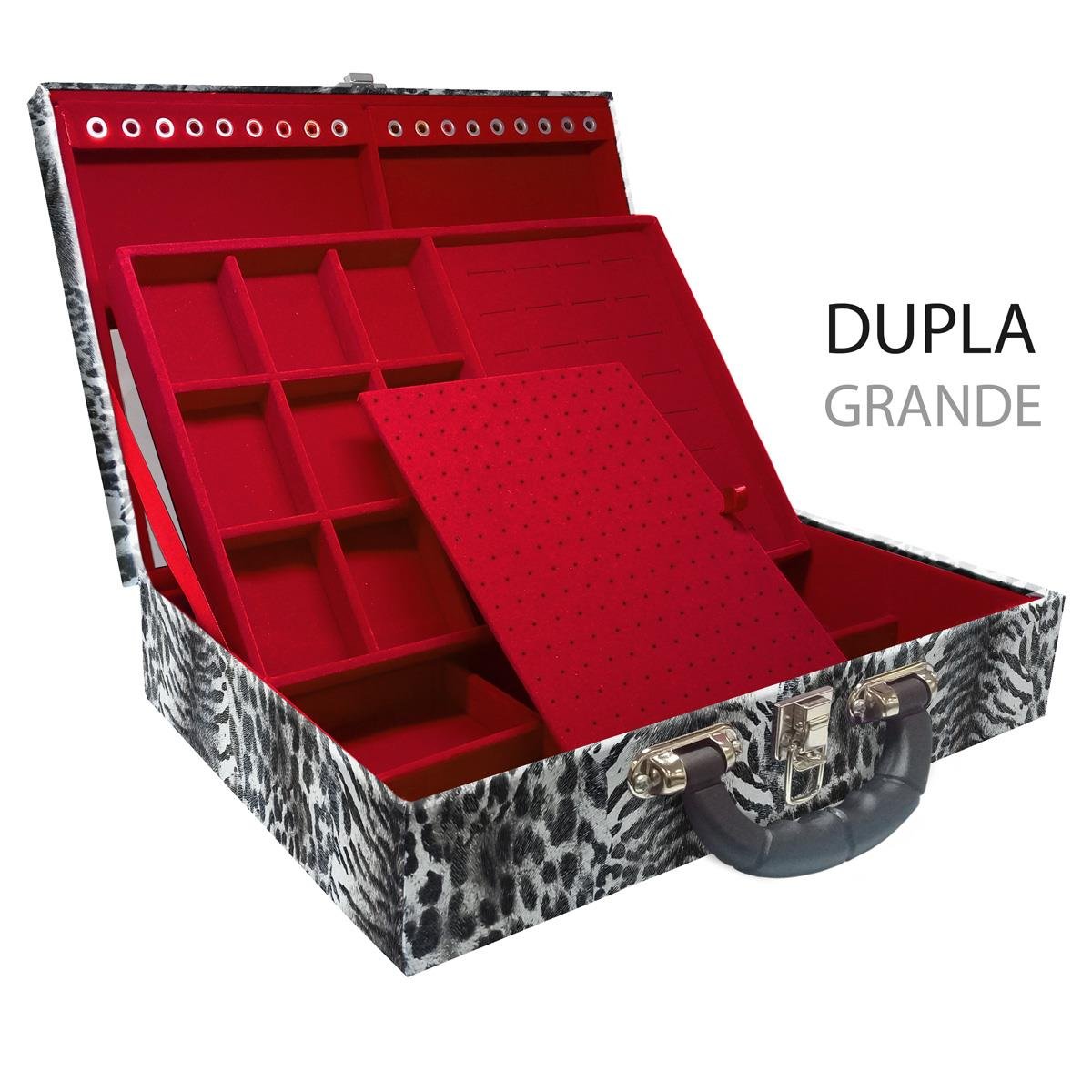 Estojo Maleta Porta Jóias Duplo Grande Multipele Tigre Cinza Com Alça Preta e Espelho