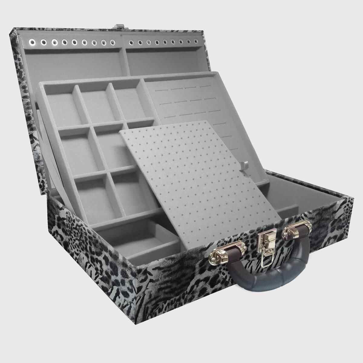 Estojo Maleta Porta Jóias Duplo Grande Multipele Tigre Cinza Com Alça Preta e Espelho