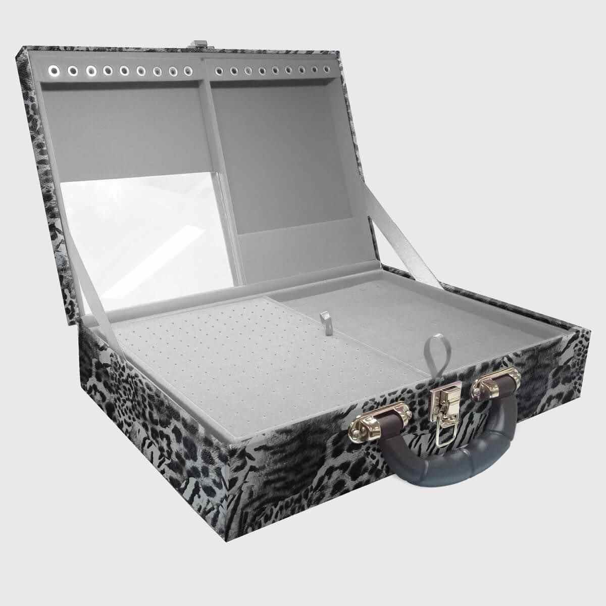 Estojo Maleta Porta Jóias Duplo Grande Multipele Tigre Cinza Com Alça Preta e Espelho