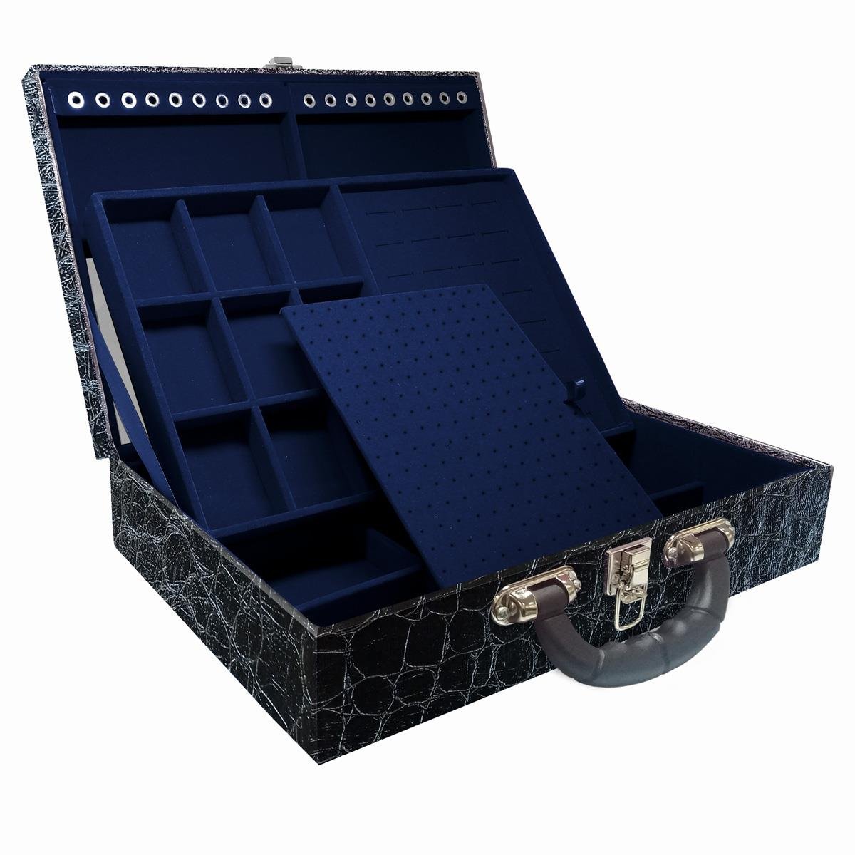 Estojo Maleta Porta Jóias Dupla Grande Toronto Com Alça Preta e Espelho