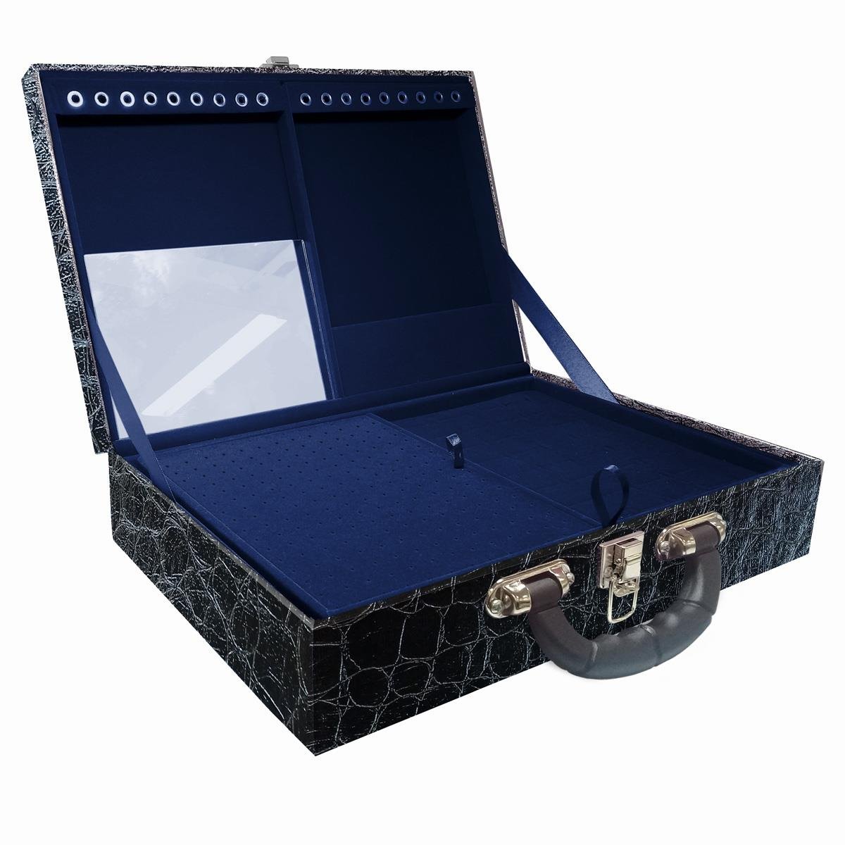 Estojo Maleta Porta Jóias Dupla Grande Toronto Com Alça Preta e Espelho