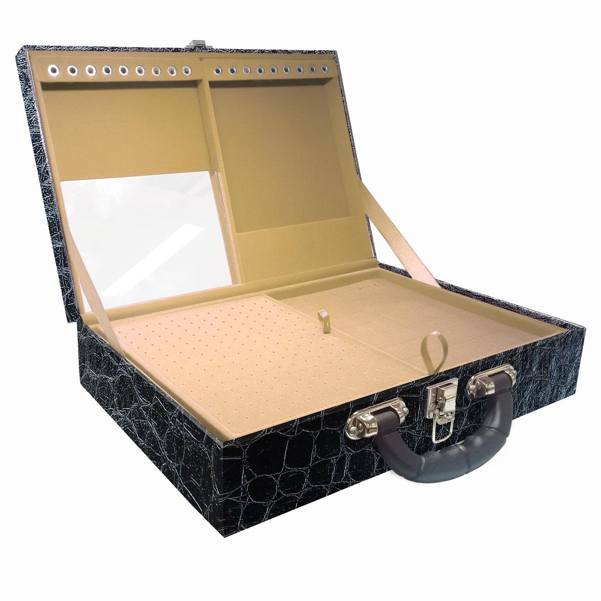 Estojo Maleta Porta Jóias Dupla Grande Toronto Com Alça Preta e Espelho