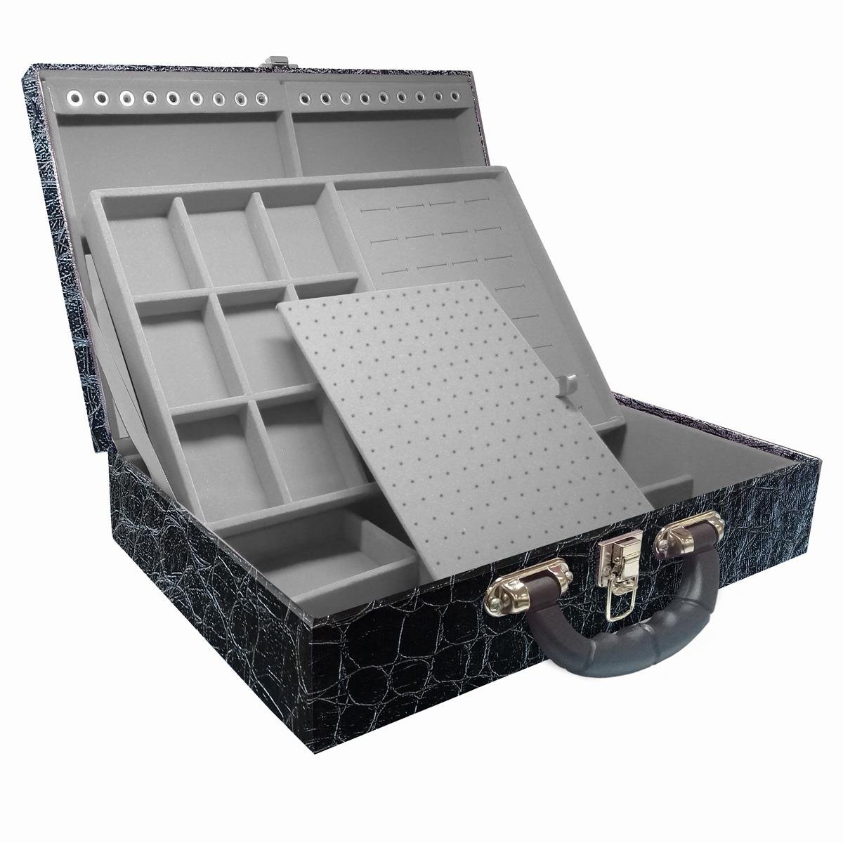 Estojo Maleta Porta Jóias Dupla Grande Toronto Com Alça Preta e Espelho