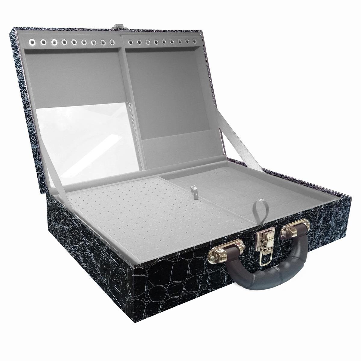 Estojo Maleta Porta Jóias Dupla Grande Toronto Com Alça Preta e Espelho