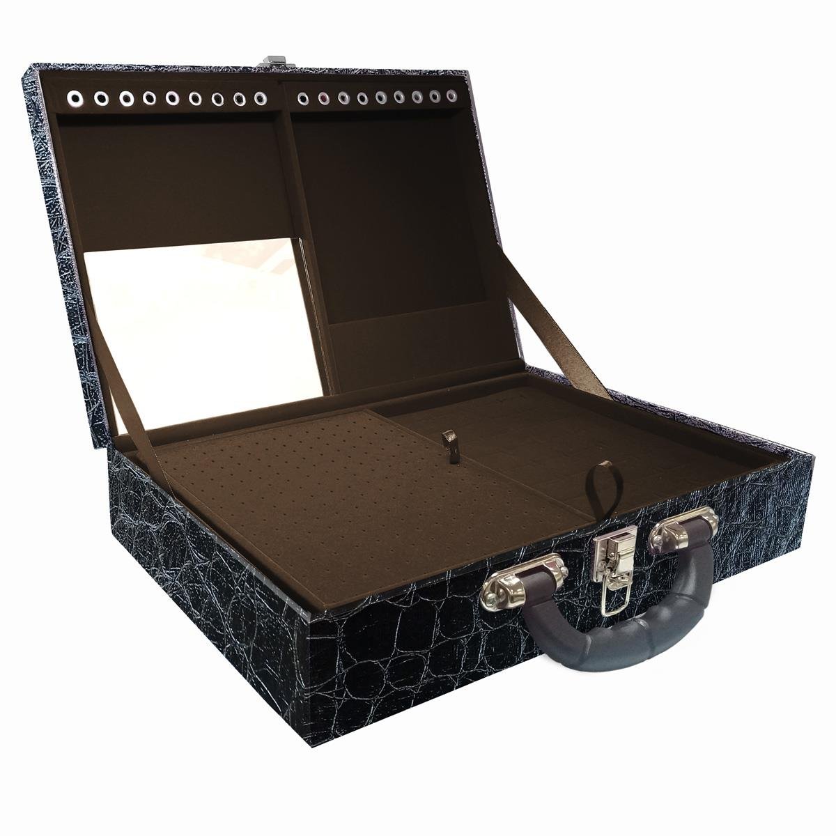 Estojo Maleta Porta Jóias Dupla Grande Toronto Com Alça Preta e Espelho