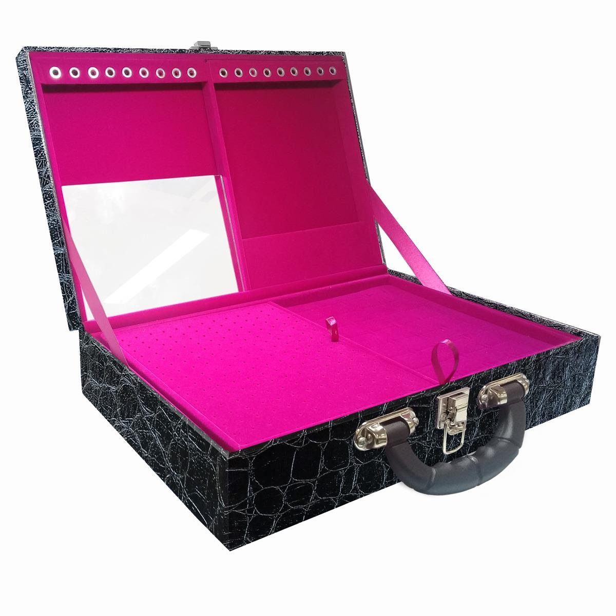 Estojo Maleta Porta Jóias Dupla Grande Toronto Com Alça Preta e Espelho