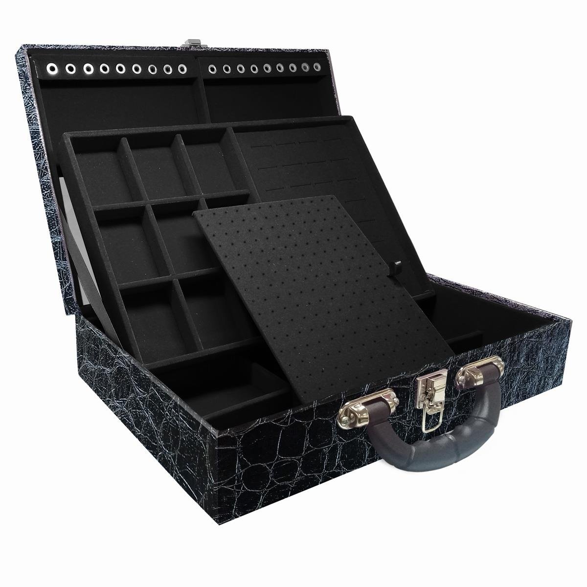 Estojo Maleta Porta Jóias Dupla Grande Toronto Com Alça Preta e Espelho