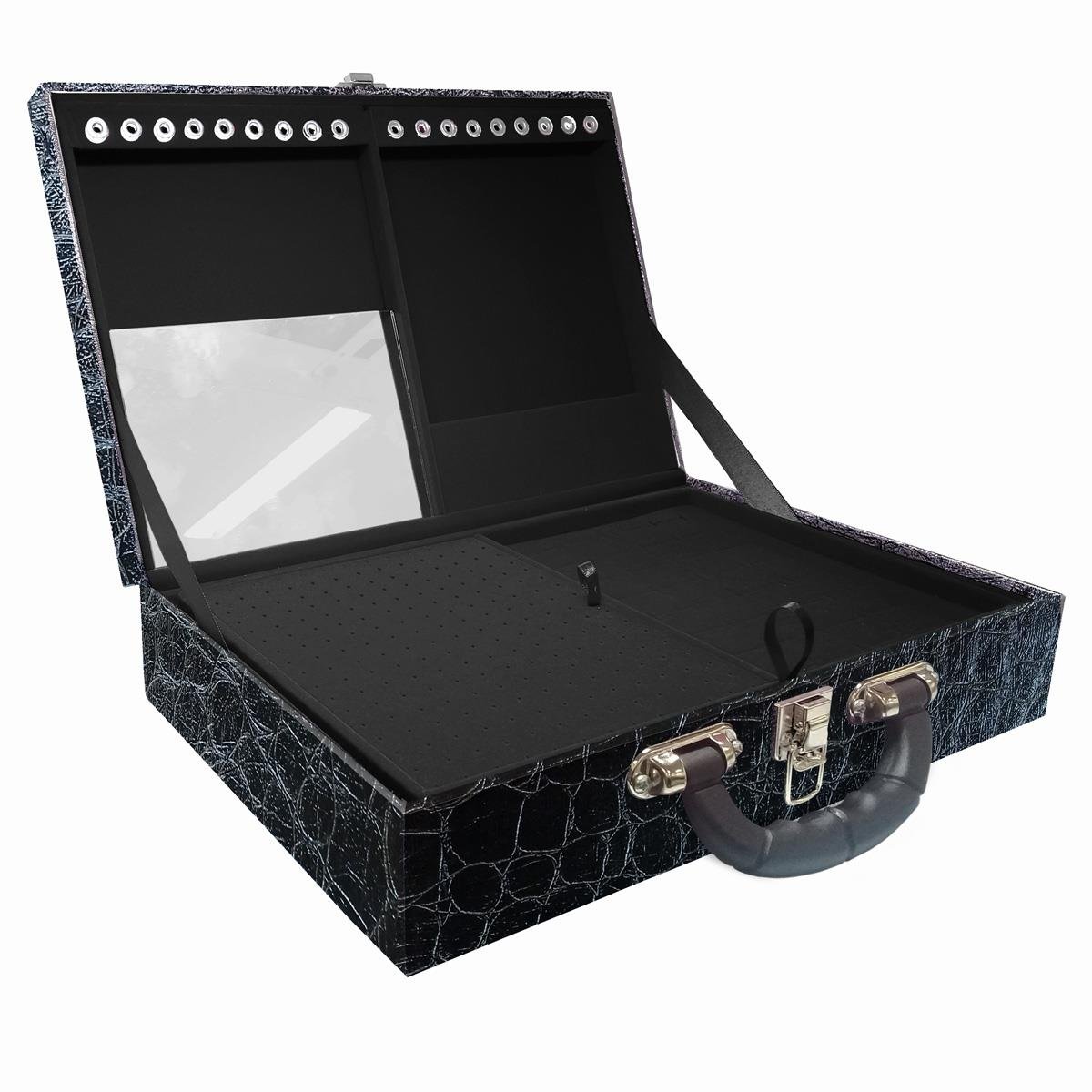 Estojo Maleta Porta Jóias Dupla Grande Toronto Com Alça Preta e Espelho