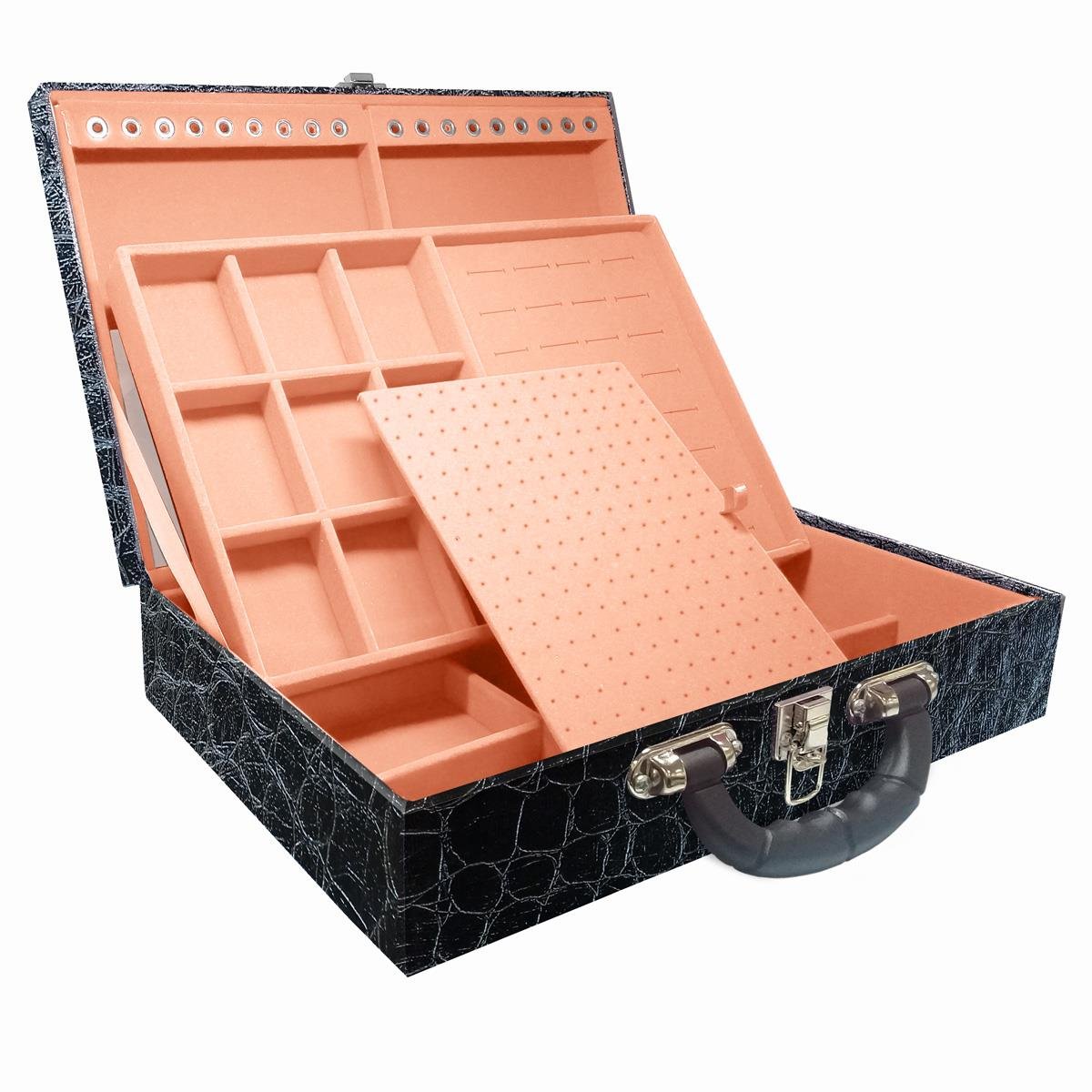 Estojo Maleta Porta Jóias Dupla Grande Toronto Com Alça Preta e Espelho