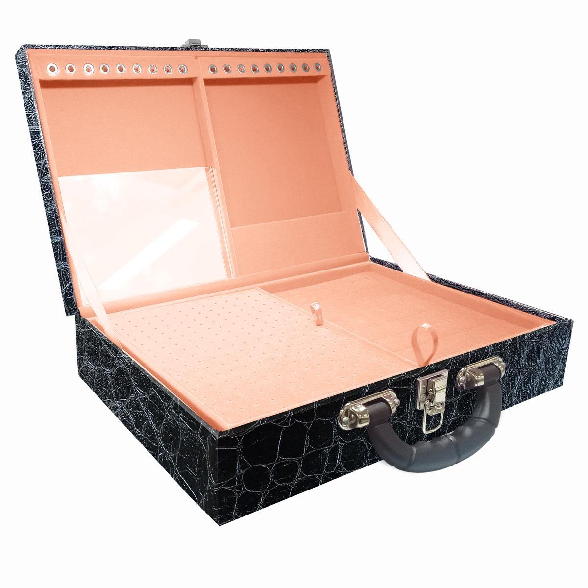 Estojo Maleta Porta Jóias Dupla Grande Toronto Com Alça Preta e Espelho