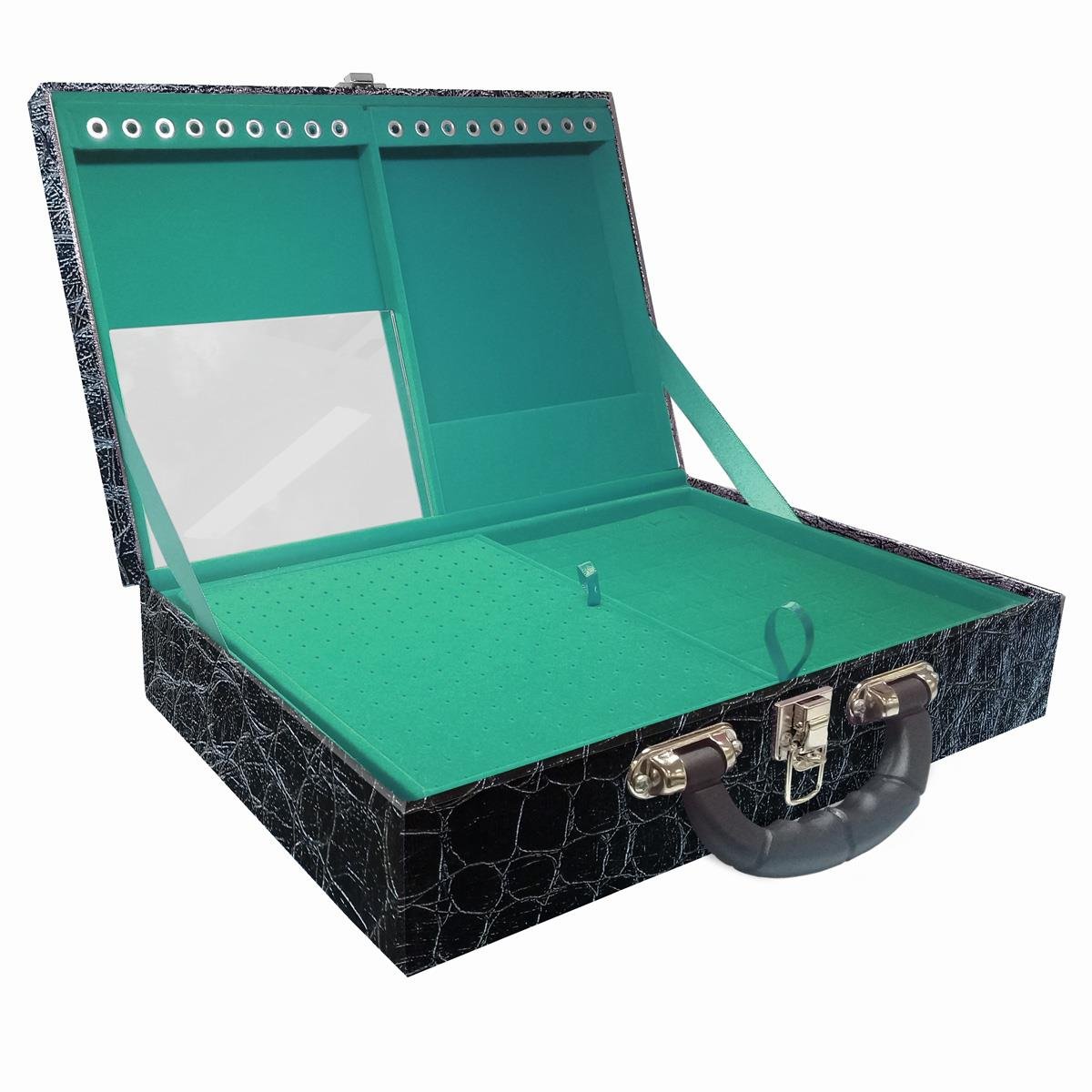 Estojo Maleta Porta Jóias Dupla Grande Toronto Com Alça Preta e Espelho