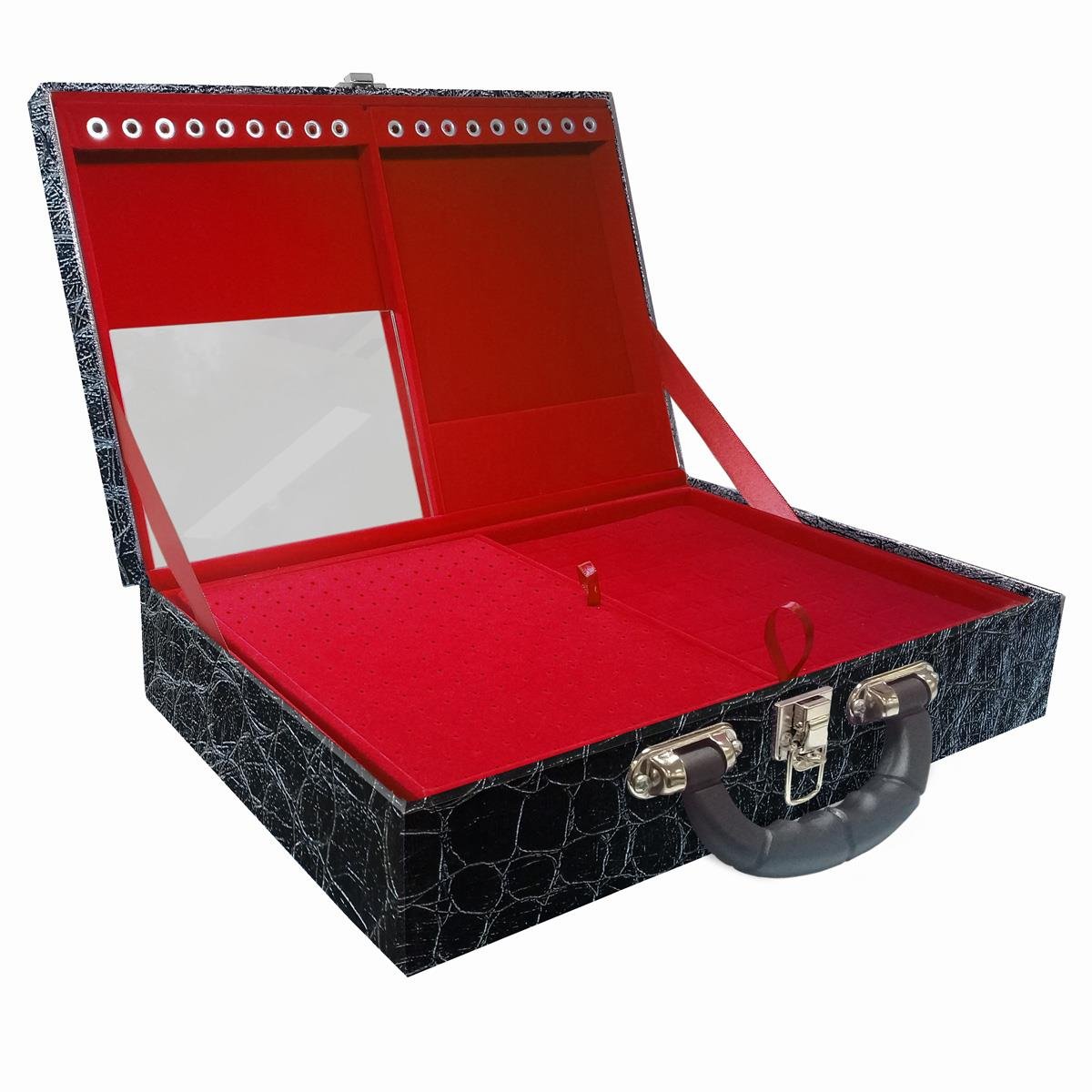 Estojo Maleta Porta Jóias Dupla Grande Toronto Com Alça Preta e Espelho