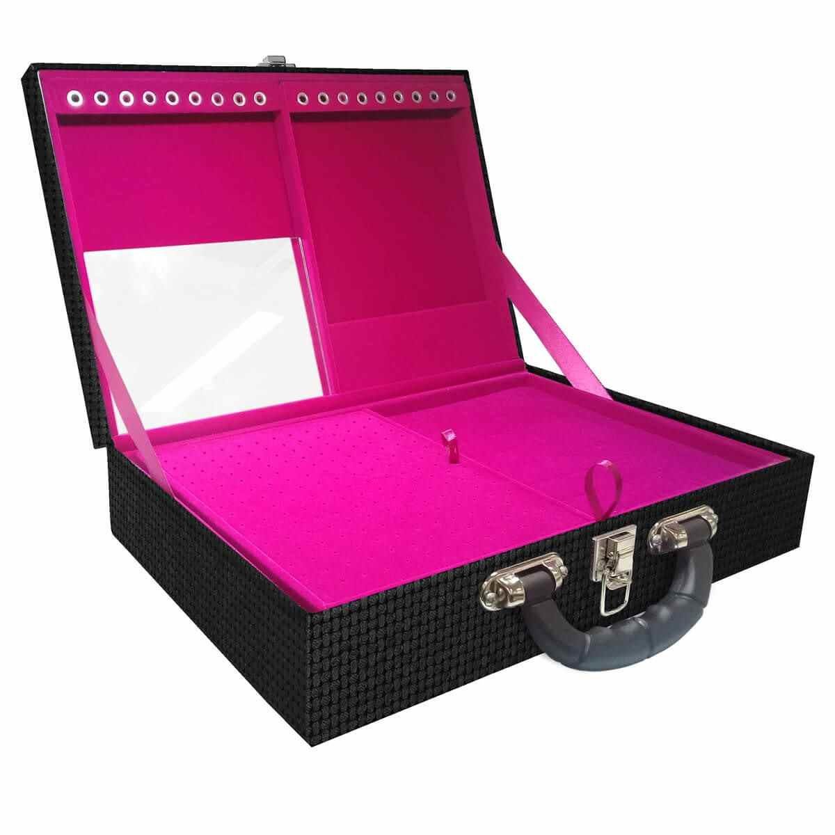 Estojo Maleta Porta Jóias Duplo Grande Trisse Preto Com Alça Preta e Espelho