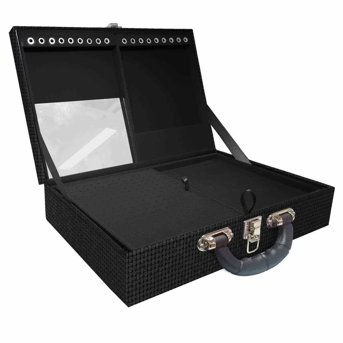 Estojo Maleta Porta Jóias Duplo Grande Trisse Preto Com Alça Preta e Espelho