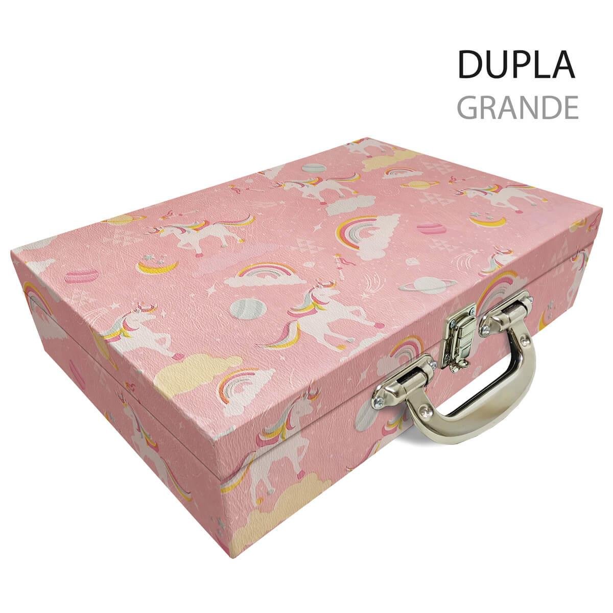 Maleta Dupla Grande Unicórnio Rosa Com Alça Cromada e Espelho - Sob Encomenda