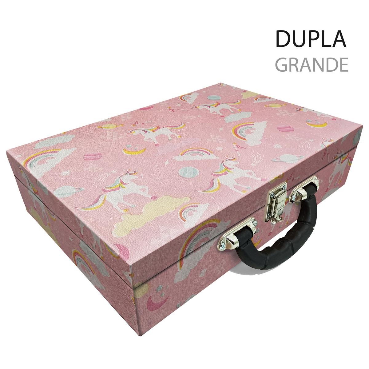 Estojo Maleta Porta Jóias Duplo Grande Unicórnio Rosa Com Alça Preta e Espelho