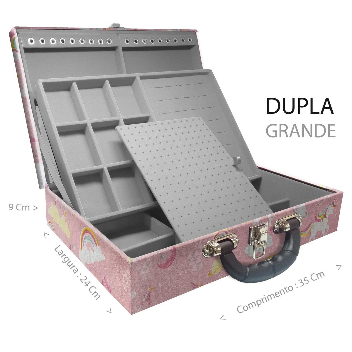 Estojo Maleta Porta Jóias Duplo Grande Unicórnio Rosa Com Alça Preta e Espelho