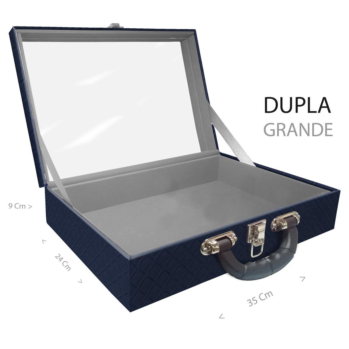 Estojo Maleta Porta Jóias Duplo Grande Vazia Dijon Azul Marinho Com Alça Preta e Espelho