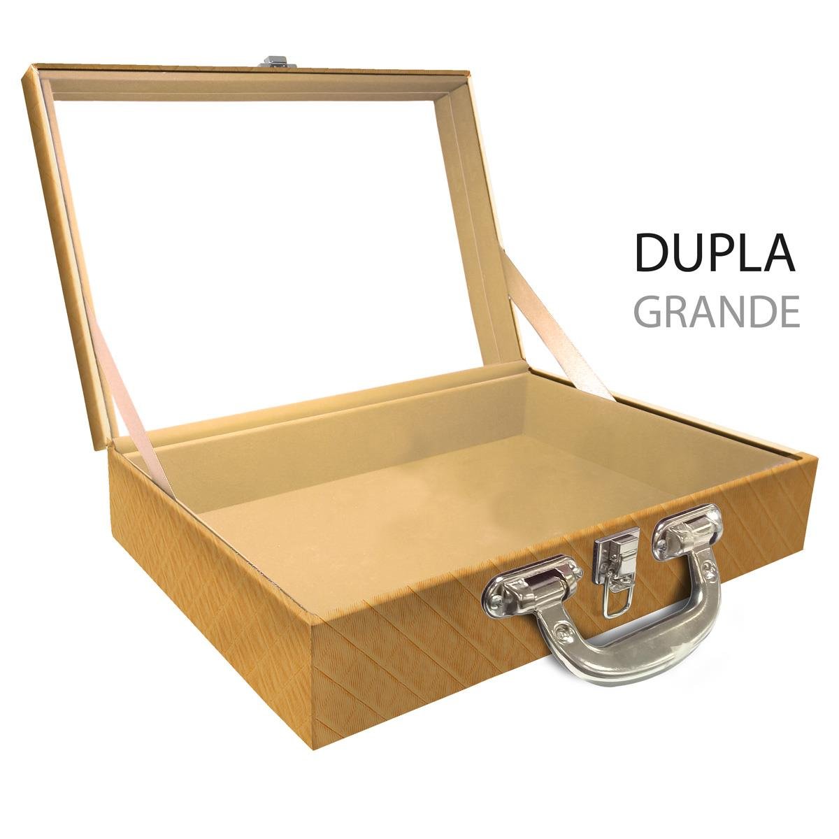 Estojo Maleta Porta Jóias Duplo Grande Vazia Dijon Dourado Com Alça Cromada e Espelho