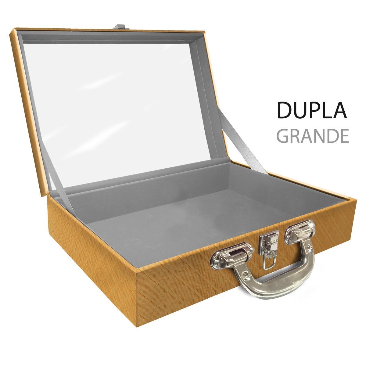 Estojo Maleta Porta Jóias Duplo Grande Vazia Dijon Dourado Com Alça Cromada e Espelho