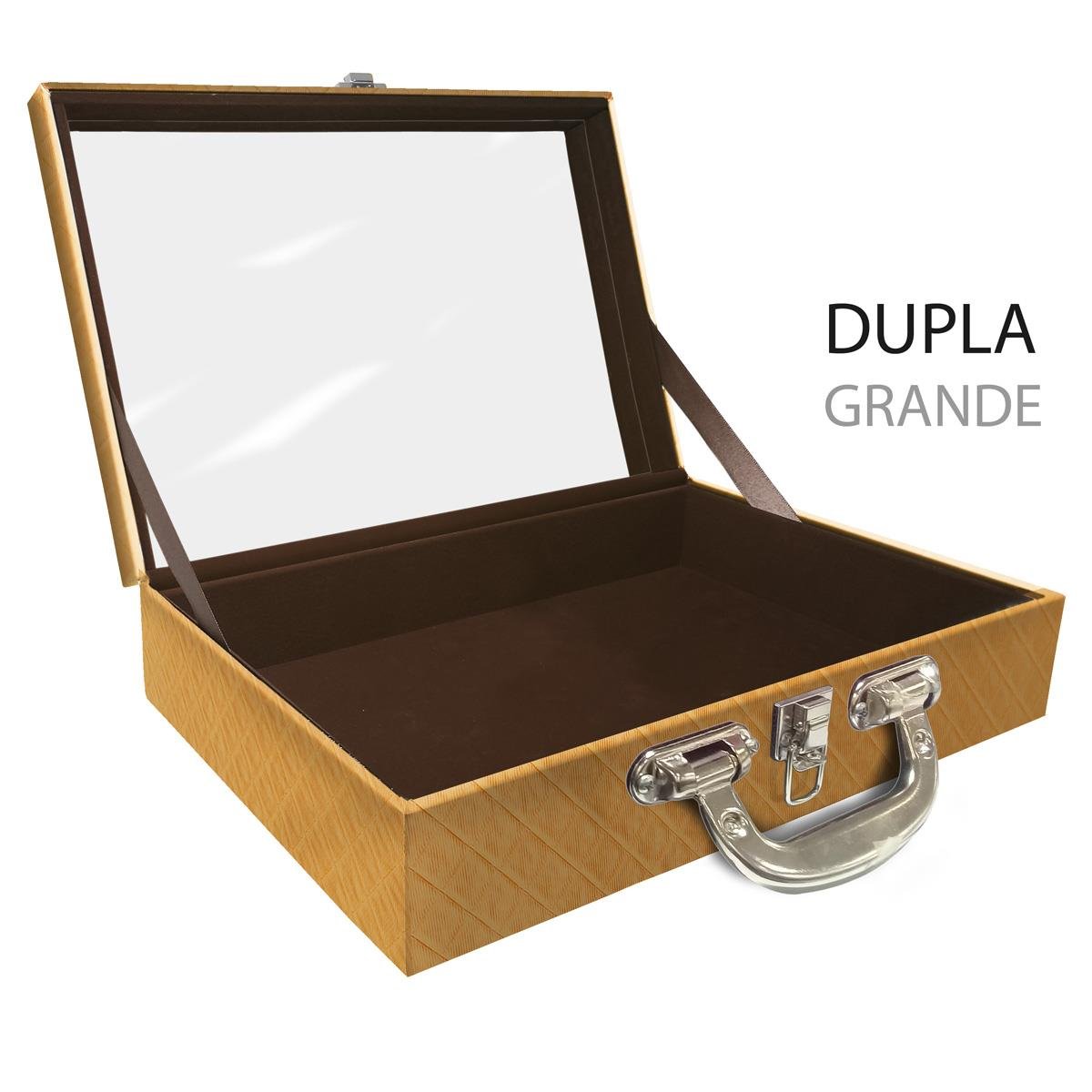 Estojo Maleta Porta Jóias Duplo Grande Vazia Dijon Dourado Com Alça Cromada e Espelho