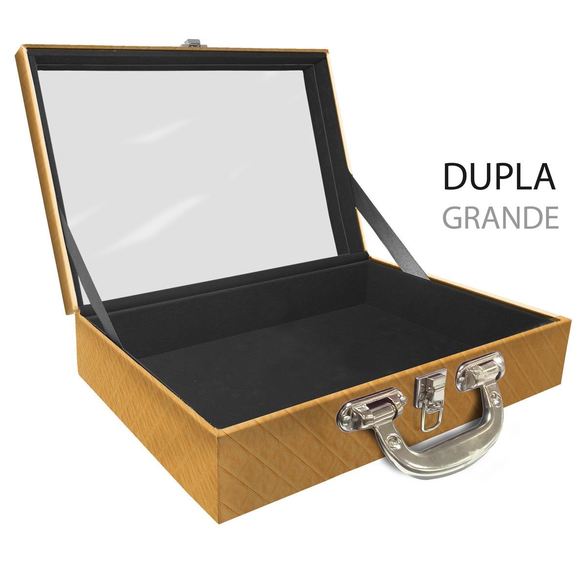 Estojo Maleta Porta Jóias Duplo Grande Vazia Dijon Dourado Com Alça Cromada e Espelho