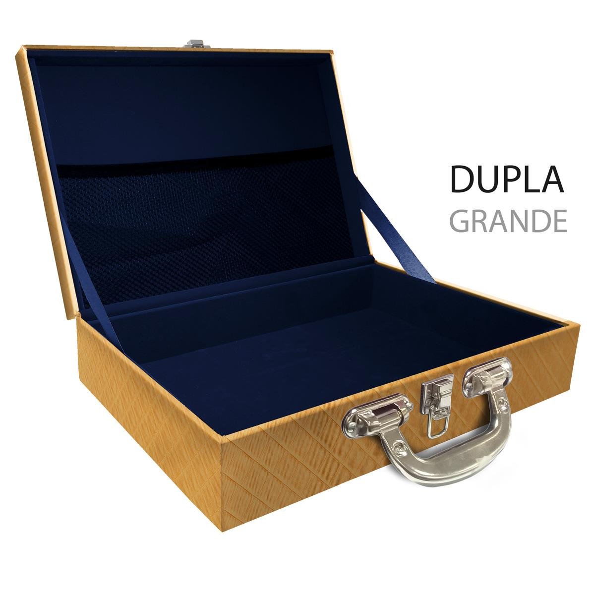 Estojo Maleta Porta Jóias Duplo Grande Vazia Dijon Dourado Com Alça Cromada e Redinha