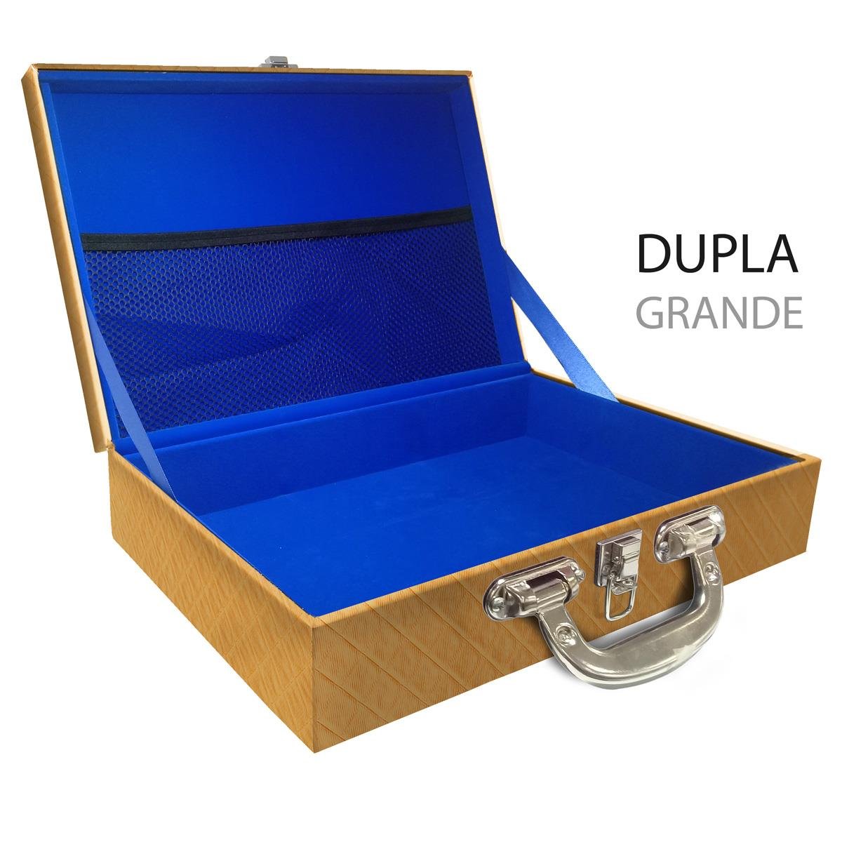 Estojo Maleta Porta Jóias Duplo Grande Vazia Dijon Dourado Com Alça Cromada e Redinha