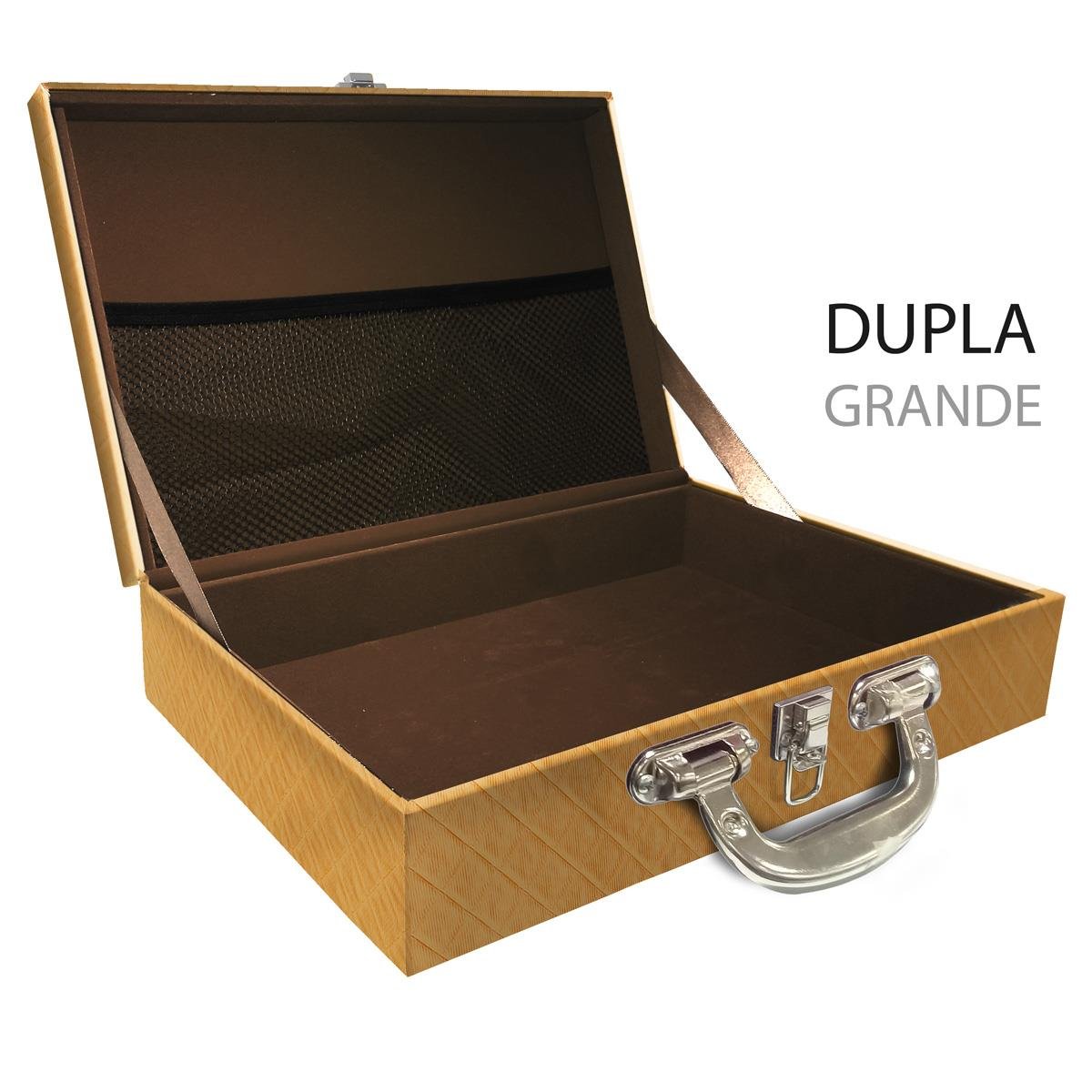 Estojo Maleta Porta Jóias Duplo Grande Vazia Dijon Dourado Com Alça Cromada e Redinha