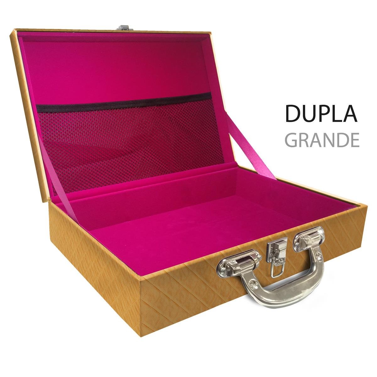 Estojo Maleta Porta Jóias Duplo Grande Vazia Dijon Dourado Com Alça Cromada e Redinha