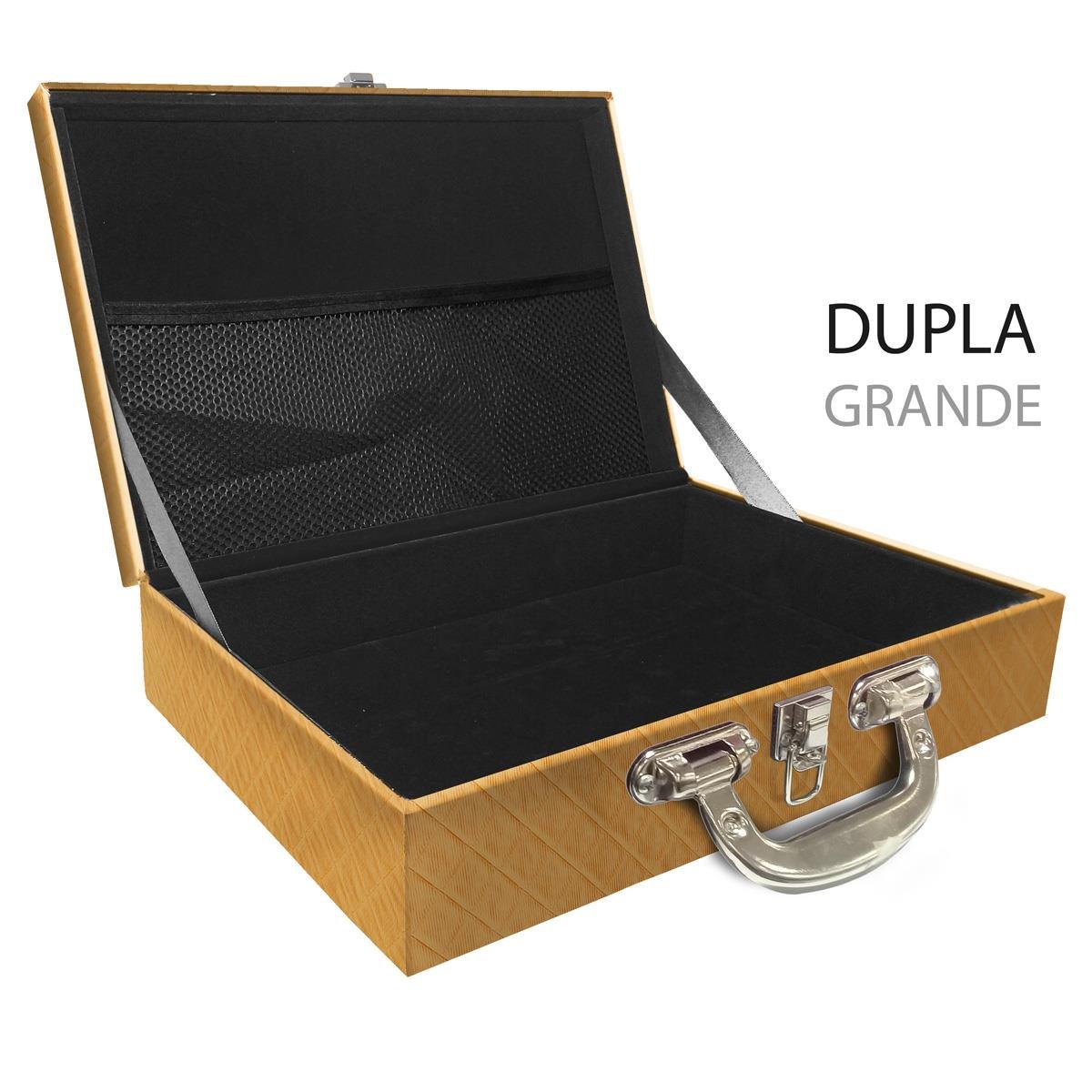 Estojo Maleta Porta Jóias Duplo Grande Vazia Dijon Dourado Com Alça Cromada e Redinha