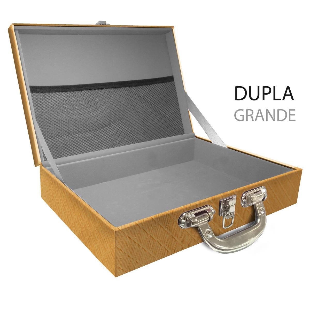 Estojo Maleta Porta Jóias Duplo Grande Vazia Dijon Dourado Com Alça Cromada e Redinha