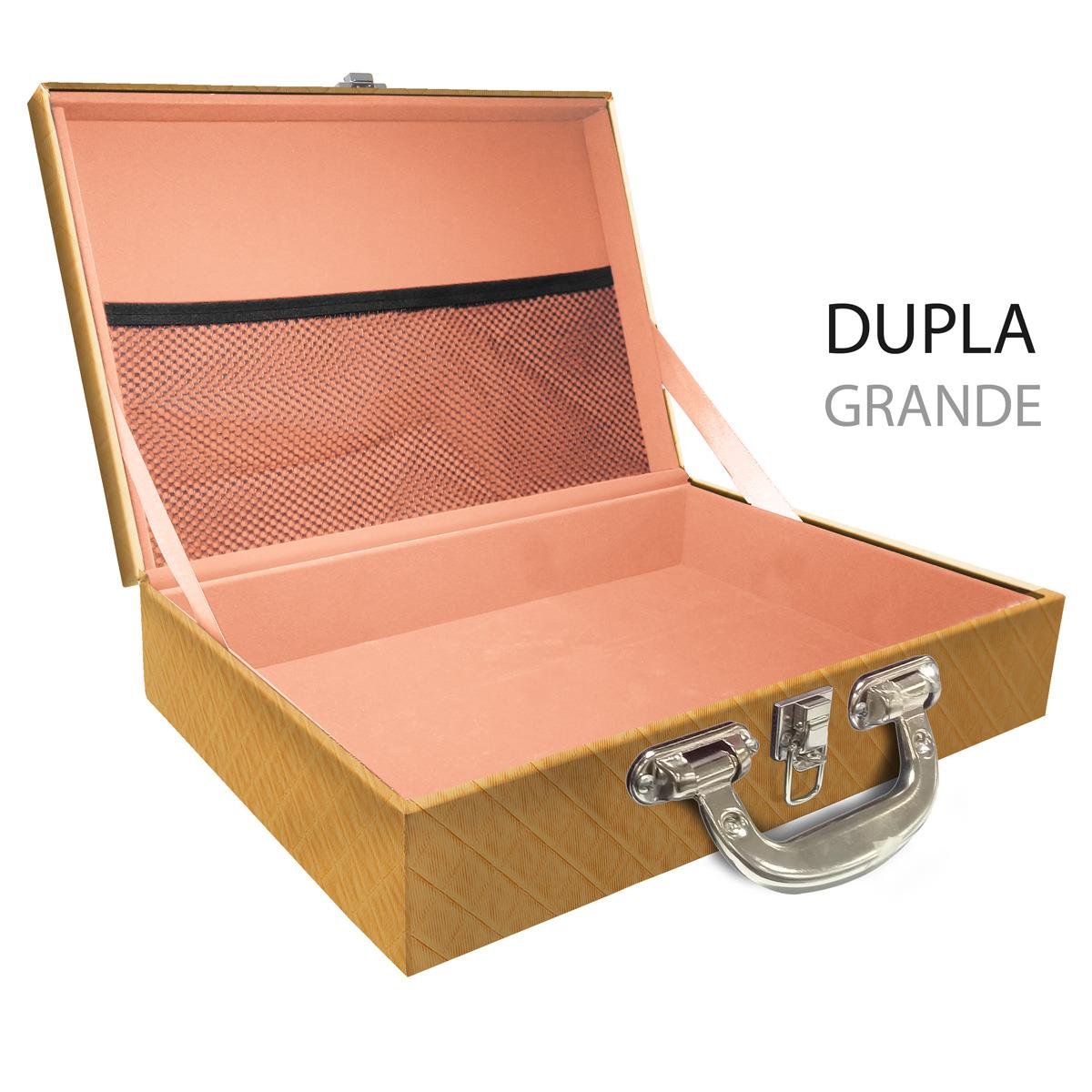 Estojo Maleta Porta Jóias Duplo Grande Vazia Dijon Dourado Com Alça Cromada e Redinha