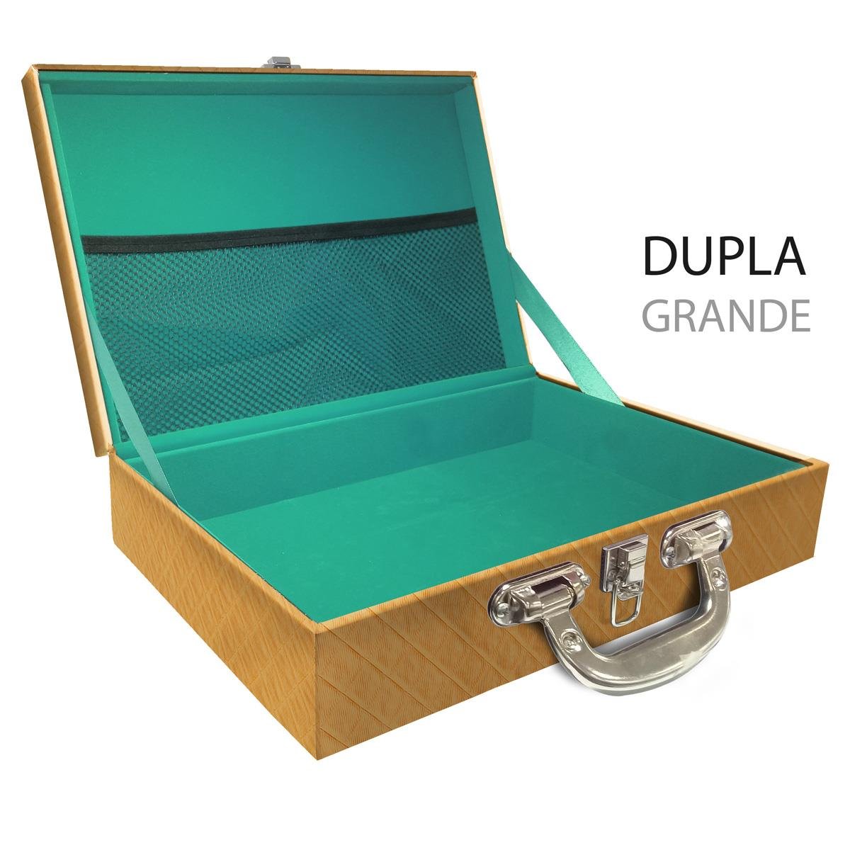 Estojo Maleta Porta Jóias Duplo Grande Vazia Dijon Dourado Com Alça Cromada e Redinha