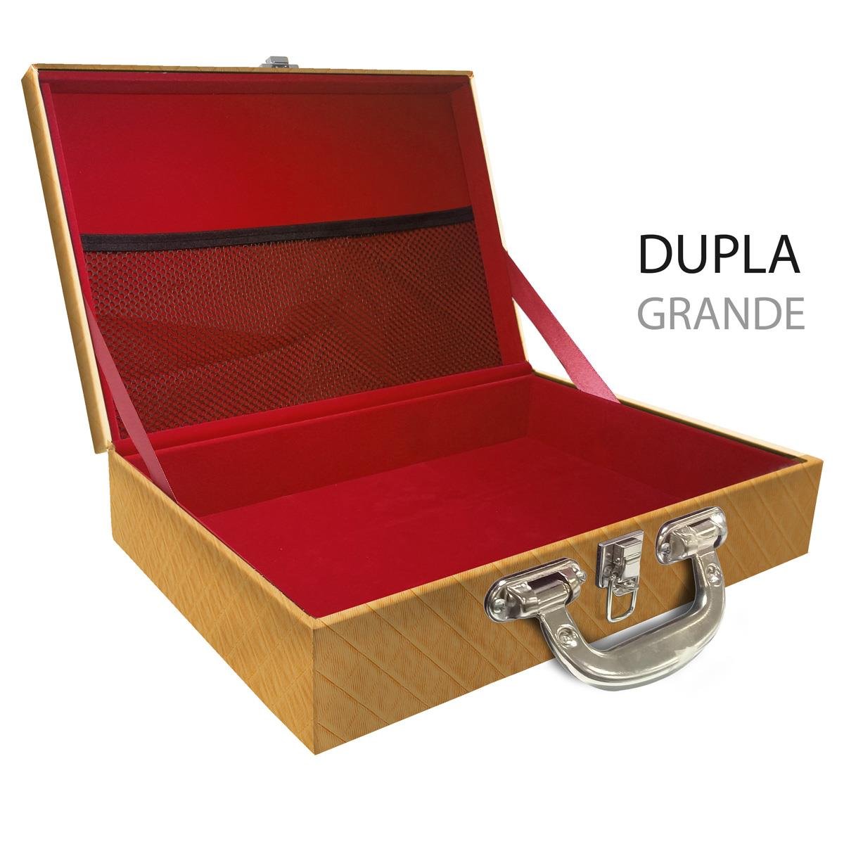 Estojo Maleta Porta Jóias Duplo Grande Vazia Dijon Dourado Com Alça Cromada e Redinha